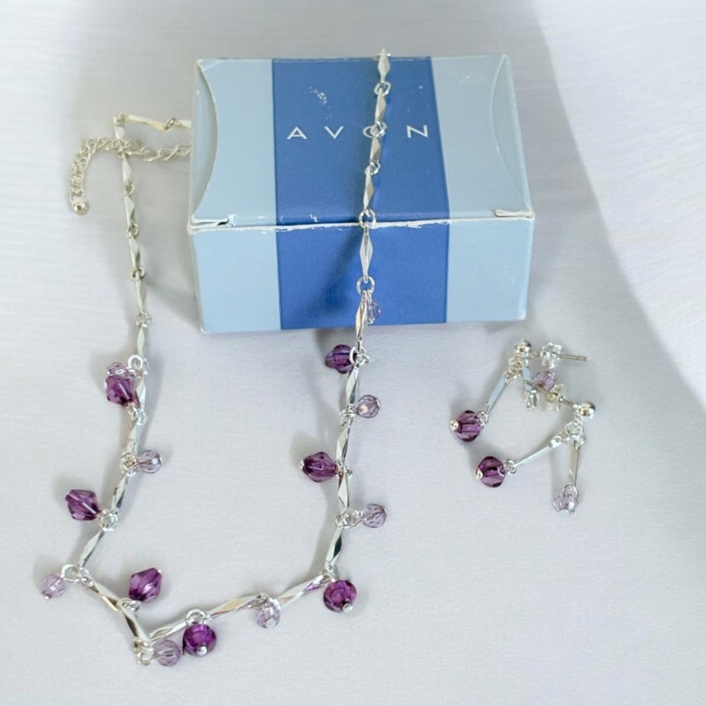 Y2K Avon Amethyst & Lilac Faceted Bead Bar Link Necklace Earring Set NIB